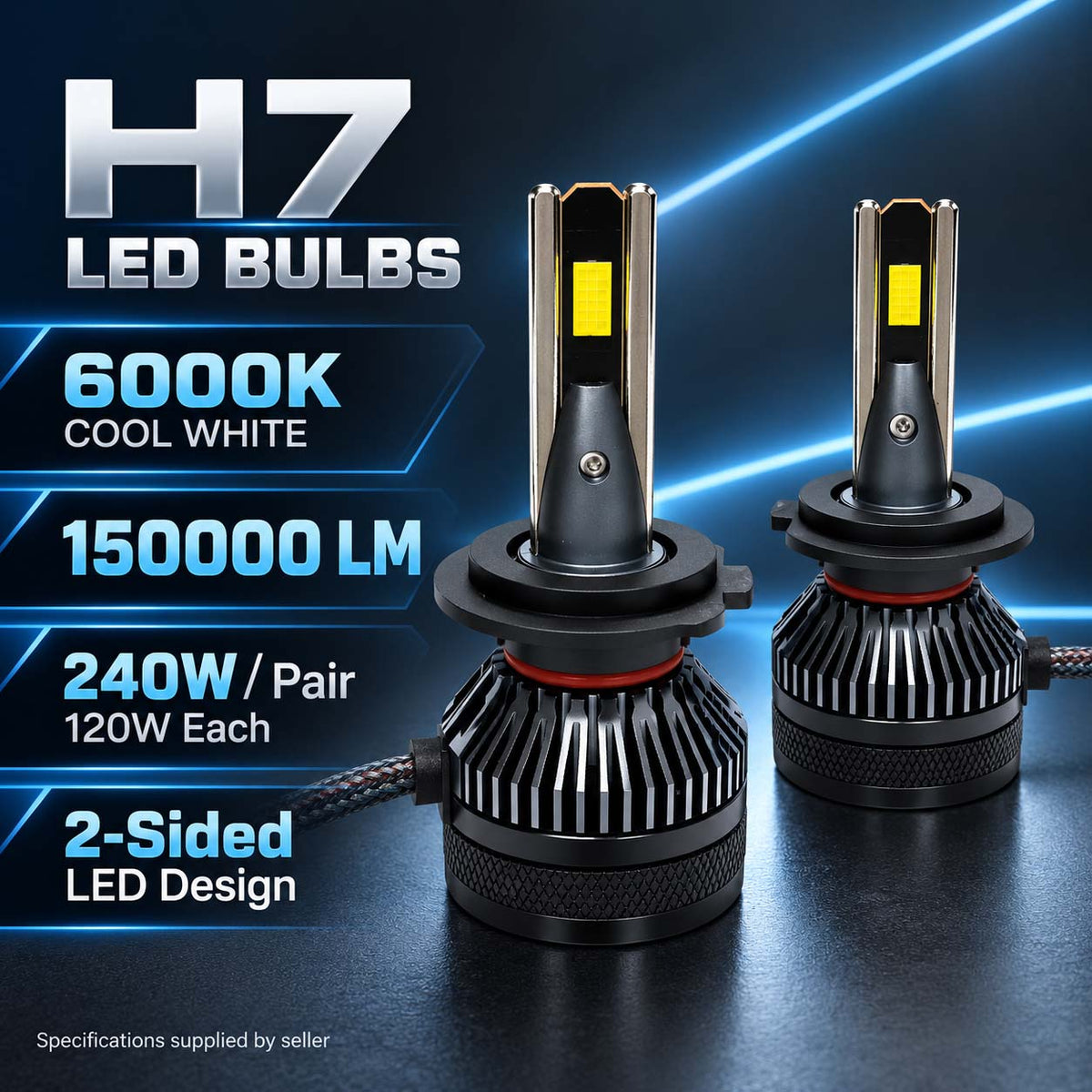 Auto Pearl H7 E45 LED Headlight Bulb, 6000K, 240W (120W Each), 15000LM, with Rear Cooling Fan