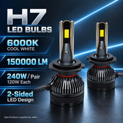 Auto Pearl E45 H7 LED Headlight Bulb, 6000K, 240W (120W Each), 15000LM, with Rear Cooling Fan