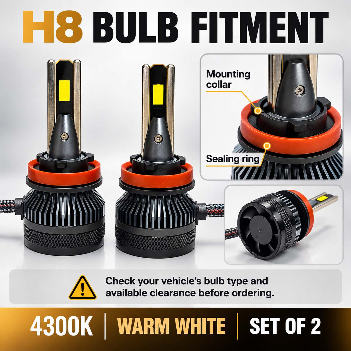 Auto Pearl H8/H9/H11 E45 LED Headlight Bulb, 4300K Warm White Light, 240W (120W Each), 15000LM, with Rear Cooling Fan