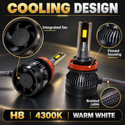 Auto Pearl E45 H8/H9/H11 LED Headlight Bulb, 4300K Warm White Light, 240W (120W Each), 15000LM, with Rear Cooling Fan