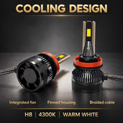 Auto Pearl E45 H8/H9/H11 LED Headlight Bulb, 4300K Warm White Light, 240W (120W Each), 15000LM, with Rear Cooling Fan