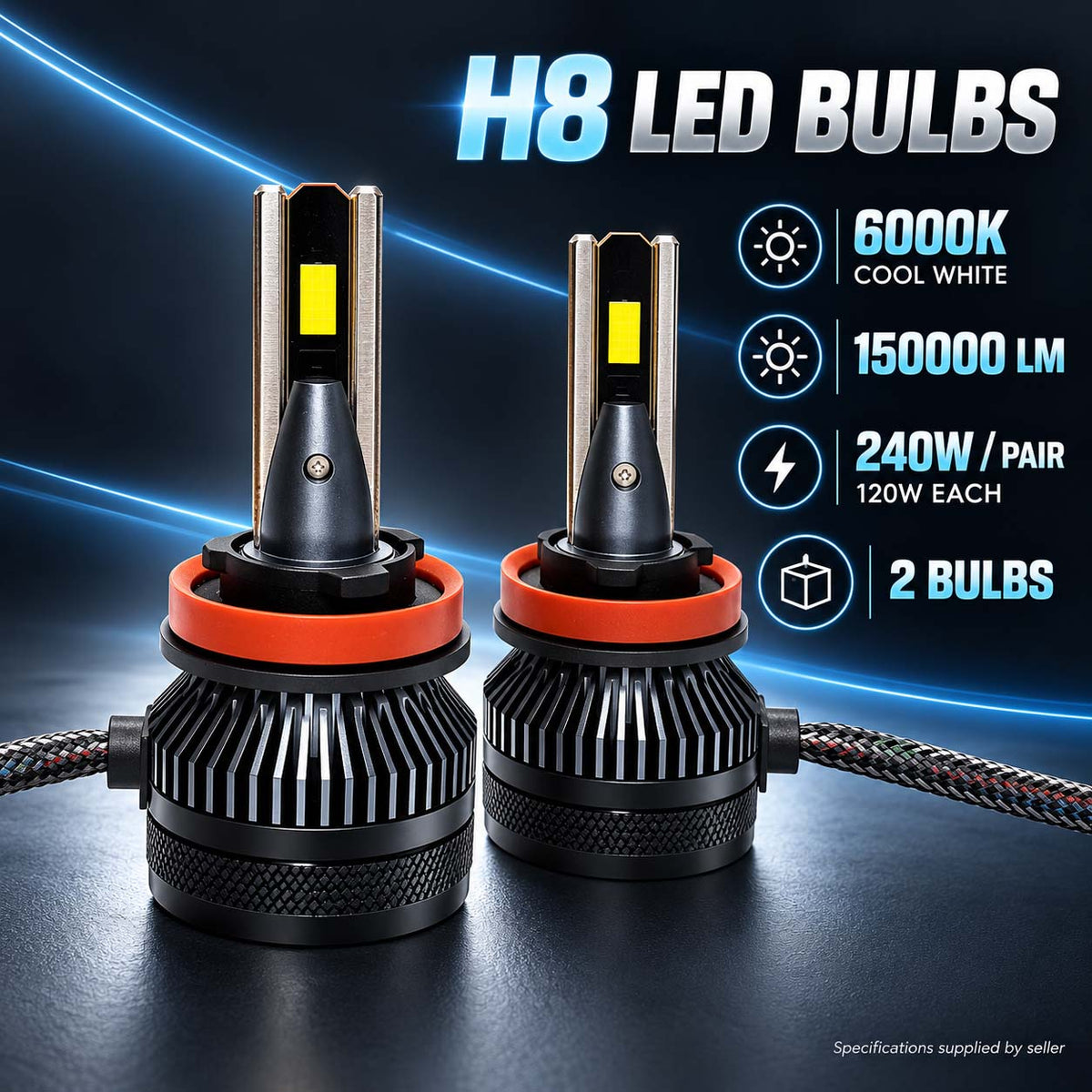 Auto Pearl H8/H9/H11 E45 LED Headlight Bulb, 6000K, 240W (120W Each), 15000LM, with Rear Cooling Fan