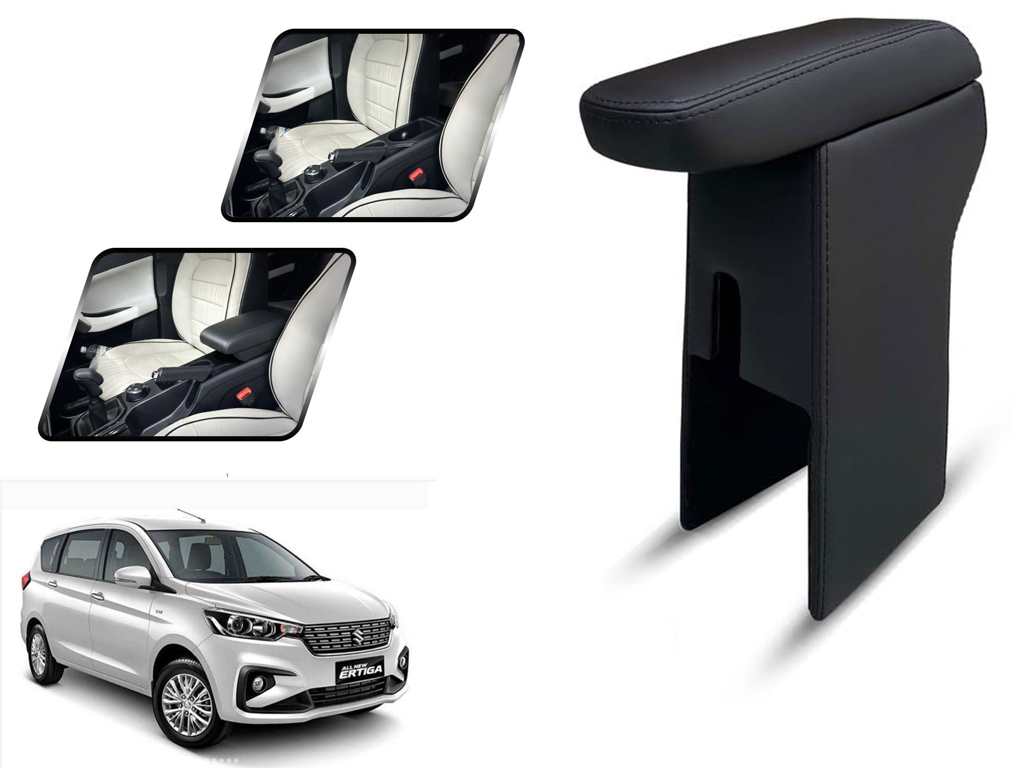 Auto Pearl Premium Car Armrest with Storage Box, High-Density Foam, Nappa Leatherette Black with double Stitching, No Obstruction to Rear Window Buttons, for Ertiga-2018