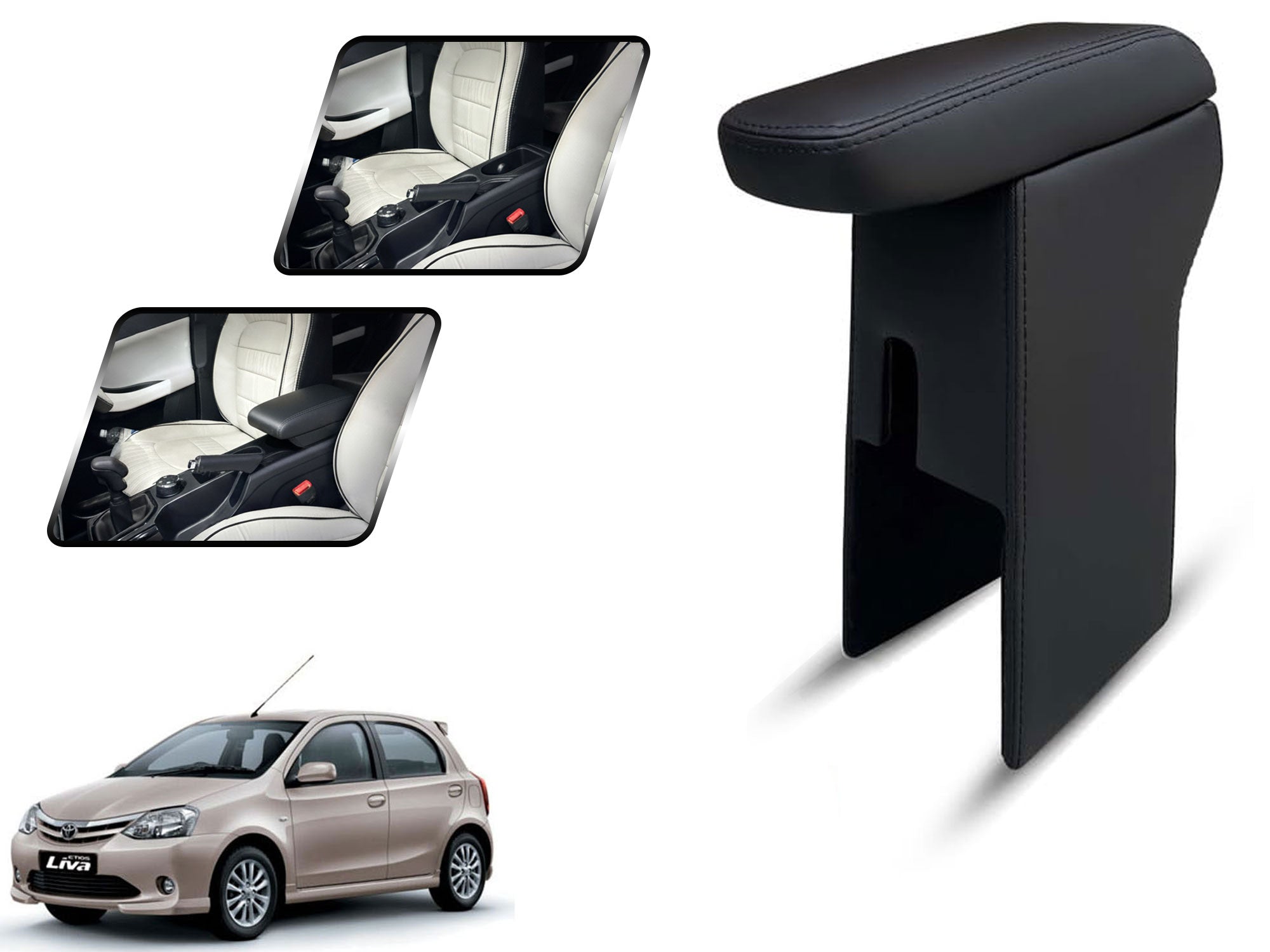 Auto Pearl Premium Car Armrest with Storage Box, High-Density Foam, Nappa Leatherette Black with double Stitching, No Obstruction to Rear Window Buttons, for Etios 2010-2014
