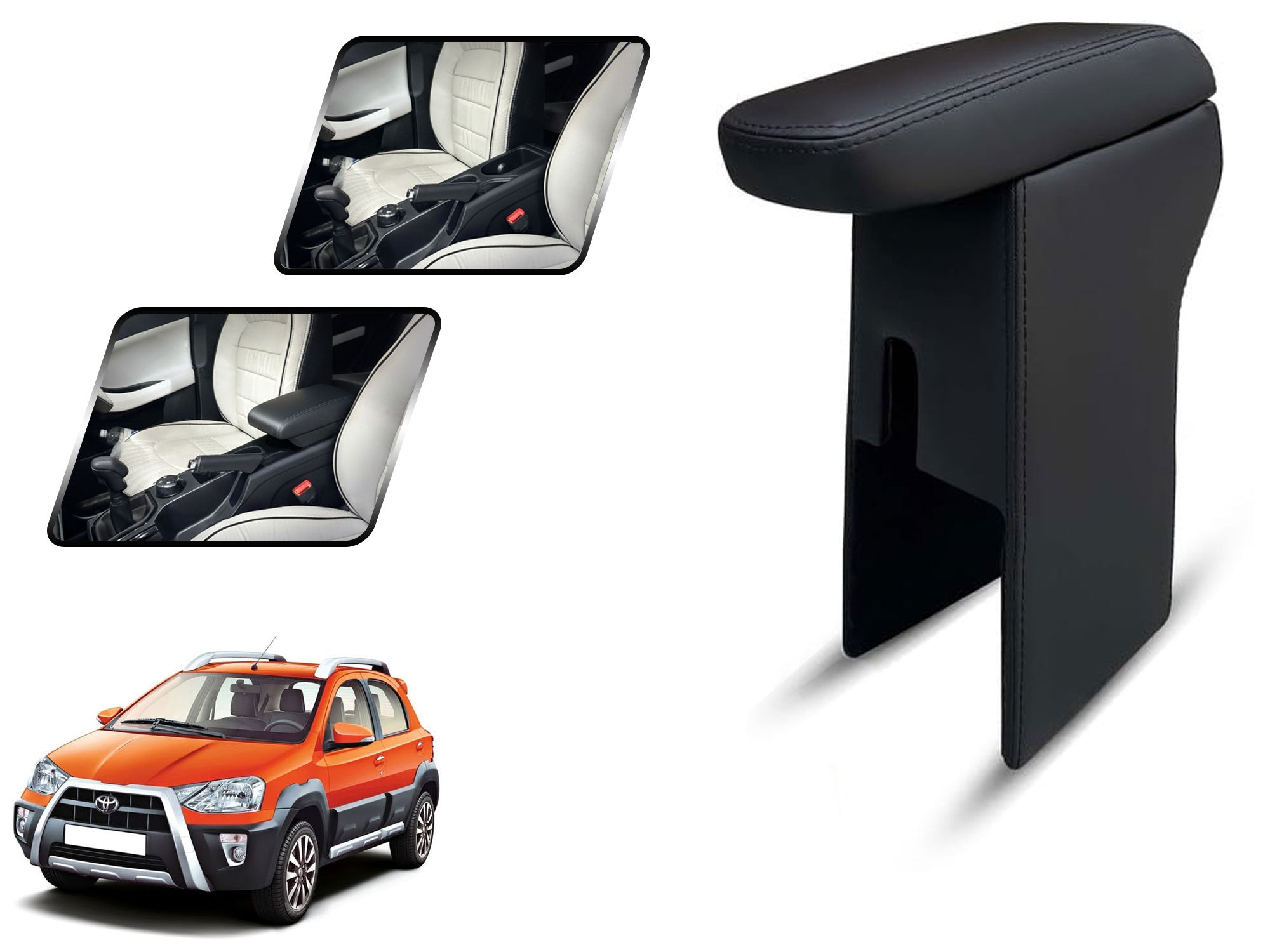 Auto Pearl Premium Car Armrest with Storage Box, High-Density Foam, Nappa Leatherette Black with double Stitching, No Obstruction to Rear Window Buttons, for Etios-Cross-2010-2014