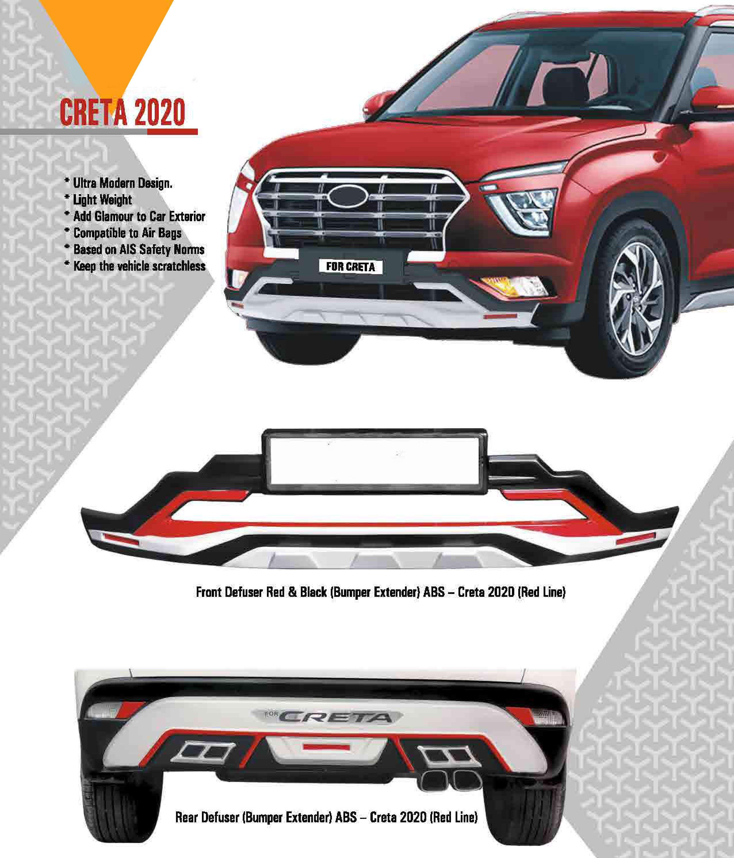 Bumper Diffuser (Front/Rear) Set Reflector Imported Quality Compatible with Creta 2020 (Red Black)