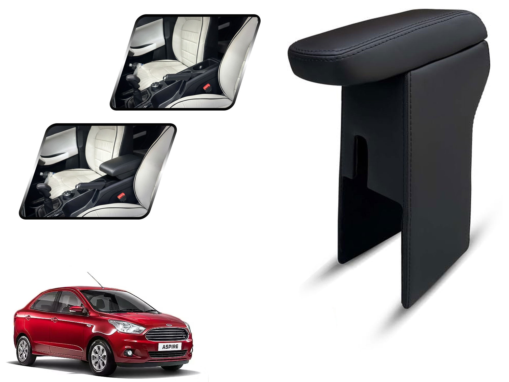 Auto Pearl Premium Car Armrest with Storage Box, High-Density Foam, Nappa Leatherette Black with double Stitching, No Obstruction to Rear Window Buttons, for Ford-Aspire-2018