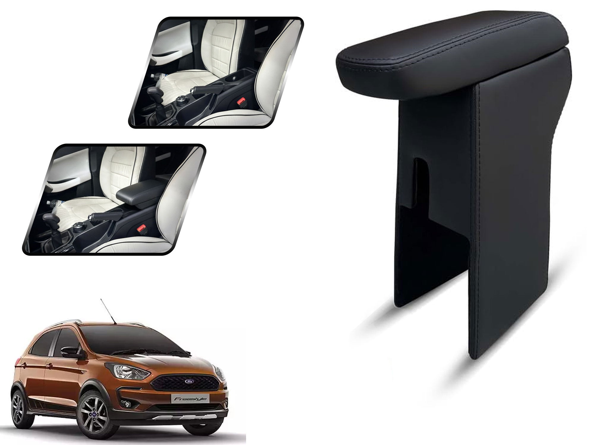 Auto Pearl Premium Car Armrest with Storage Box, High-Density Foam, Nappa Leatherette Black with double Stitching, No Obstruction to Rear Window Buttons, for Ford Free Style-2018