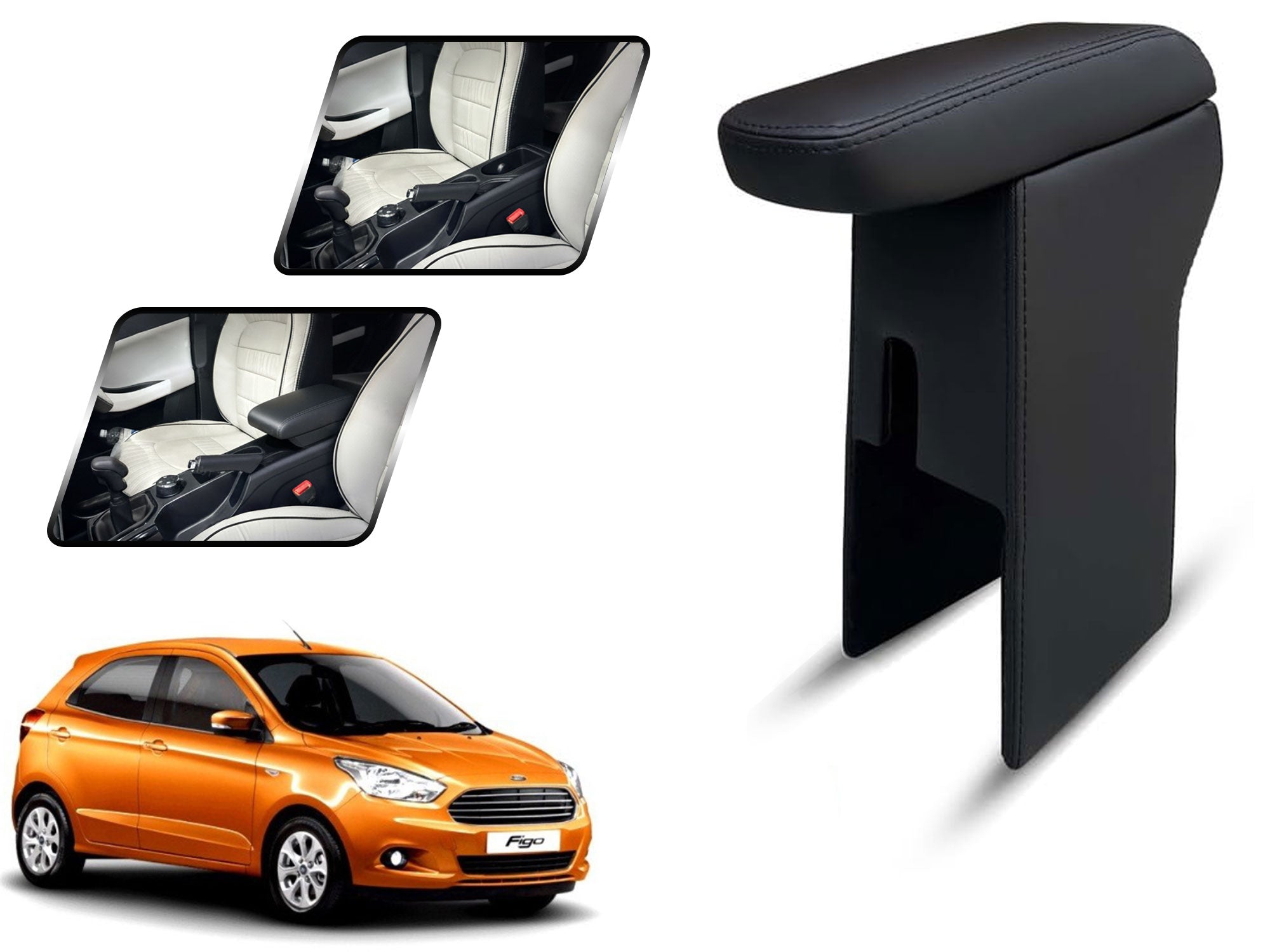 Auto Pearl Premium Car Armrest with Storage Box, High-Density Foam, Nappa Leatherette Black with double Stitching, No Obstruction to Rear Window Buttons, for Ford New Figo-2015
