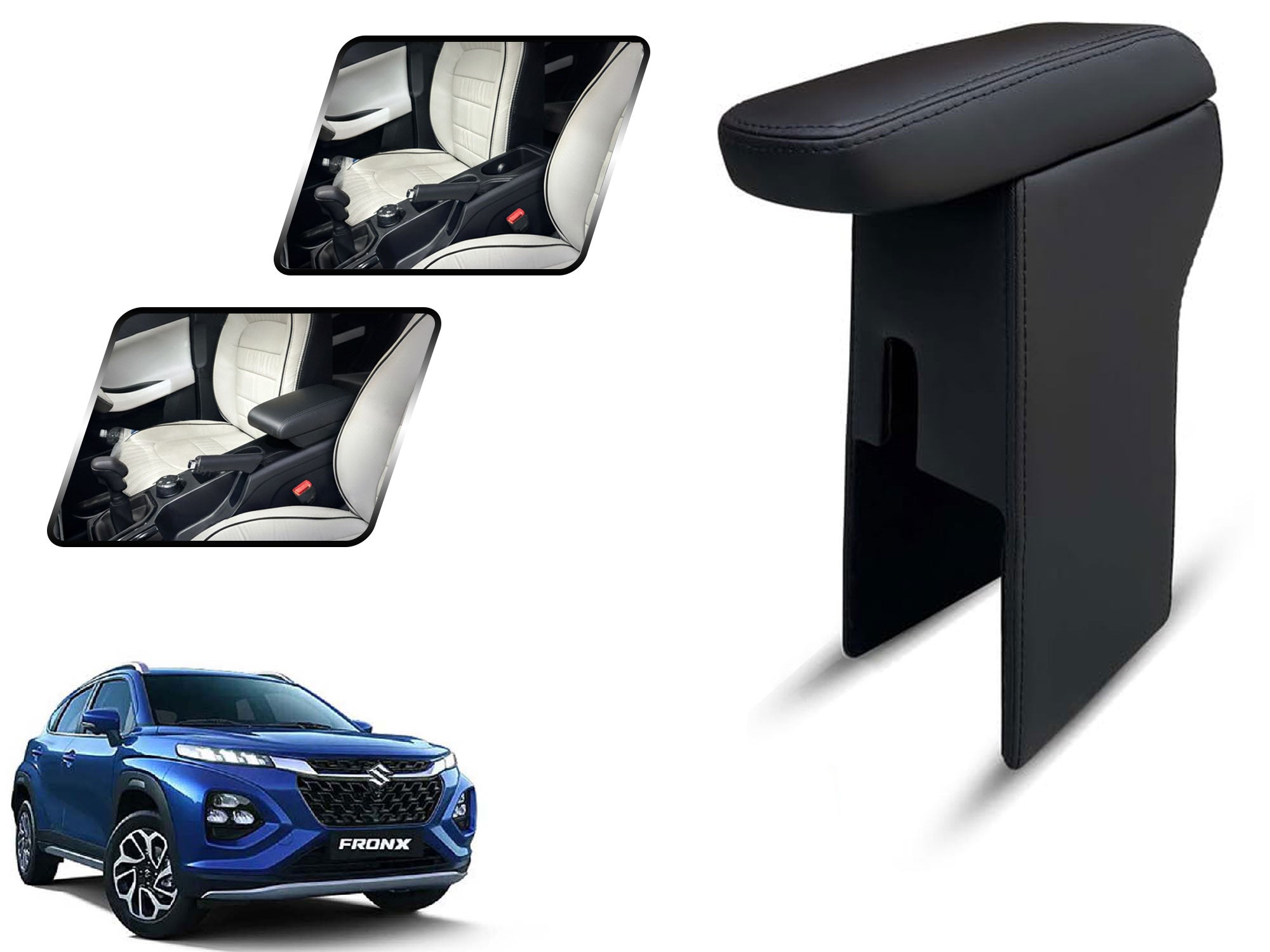 Auto Pearl Premium Car Armrest with Storage Box, High-Density Foam, Nappa Leatherette Black with double Stitching, No Obstruction to Rear Window Buttons, for Fronx-2022-2025