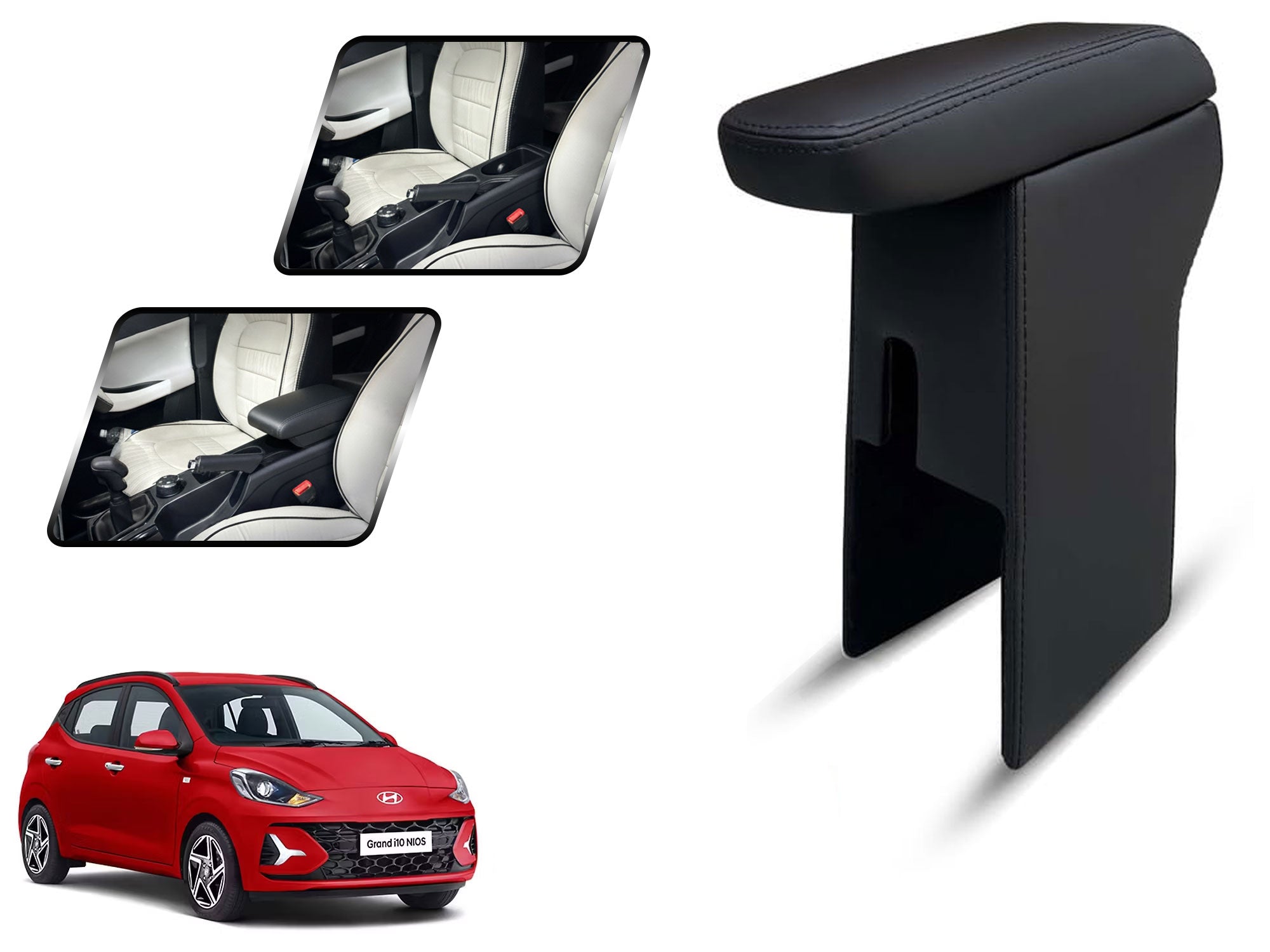 Auto Pearl Premium Car Armrest with Storage Box, High-Density Foam, Nappa Leatherette Black with double Stitching, No Obstruction to Rear Window Buttons, for Grand-i10-NIOS-2024