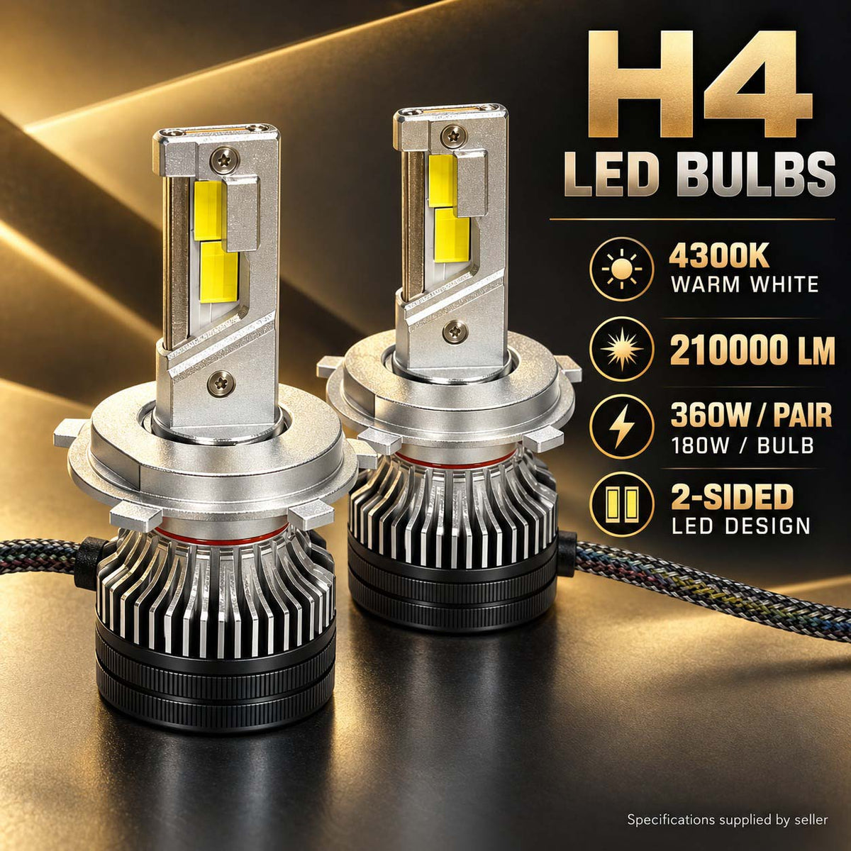 Auto Pearl H4 F15 LED Headlight Bulb, 4300K Warm White Light, 360W (180W Each), 21000LM, with Rear Cooling Fan