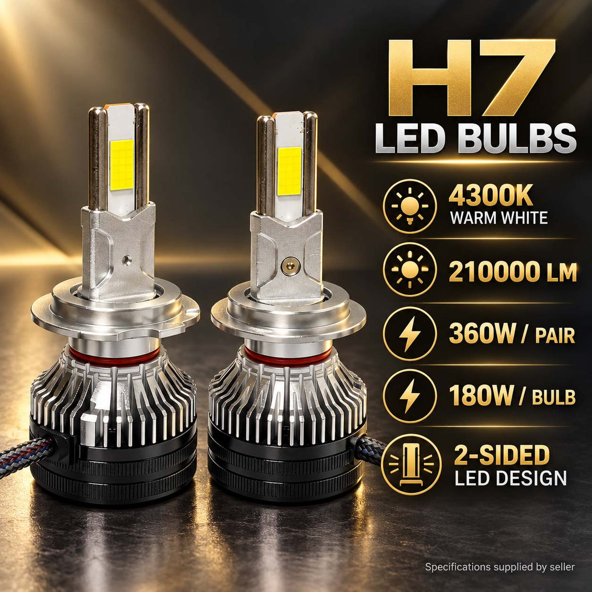 Auto Pearl H7 F15 LED Headlight Bulb, 4300K Warm White Light, 360W (180W Each), 21000LM, with Rear Cooling Fan