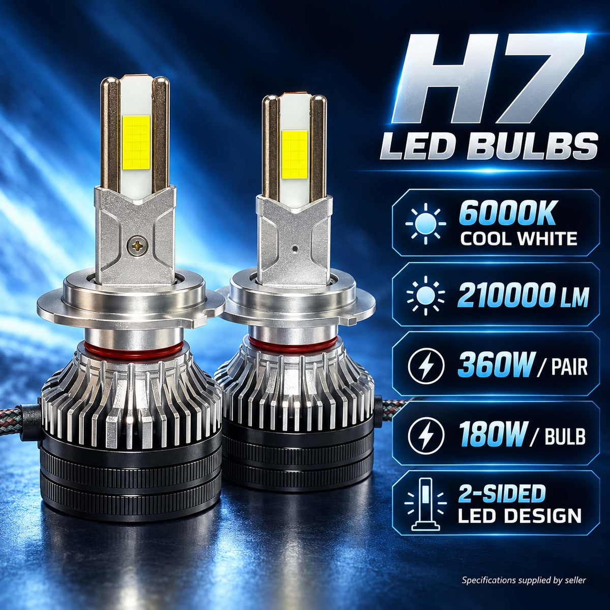 Auto Pearl H7 F15 LED Headlight Bulb, 6000K Cool White Light, 360W (180W Each), 21000LM, with Rear Cooling Fan