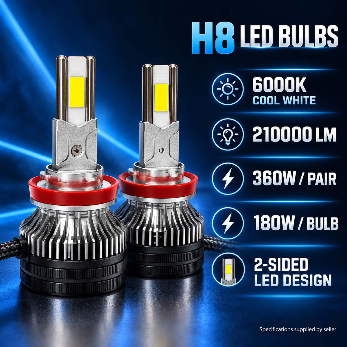 Auto Pearl H8/H9/H11 F15 LED Headlight Bulb, 6000K Cool White Light, 360W (180W Each), 21000LM, with Rear Cooling Fan