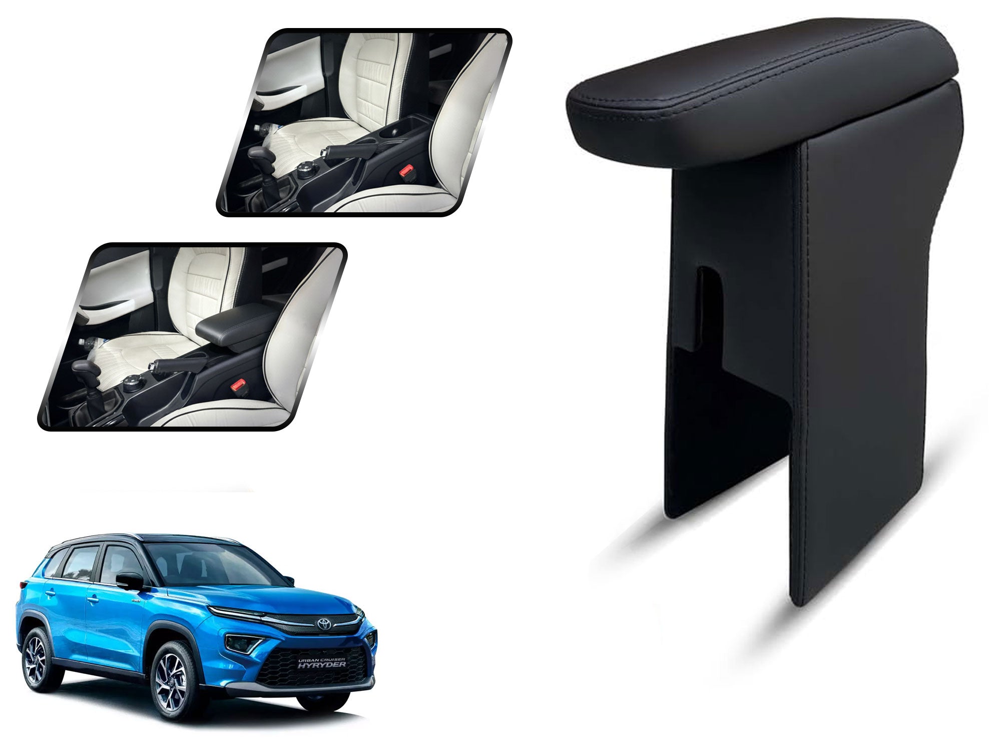 Auto Pearl Premium Car Armrest with Storage Box, High-Density Foam, Nappa Leatherette Black with double Stitching, No Obstruction to Rear Window Buttons, for Hyryder-2022-2025
