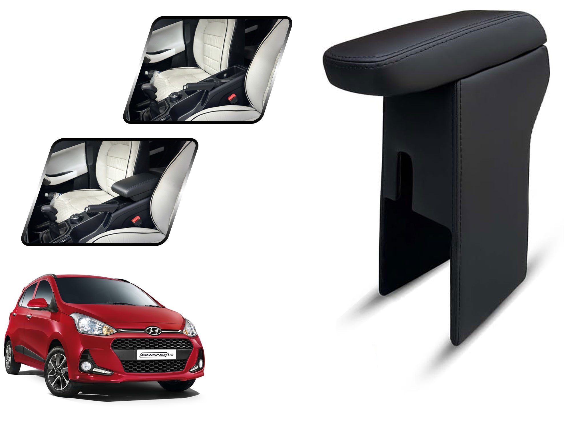 Auto Pearl Premium Car Armrest with Storage Box, High-Density Foam, Nappa Leatherette Black with double Stitching, No Obstruction to Rear Window Buttons, for I10 Grand-2017