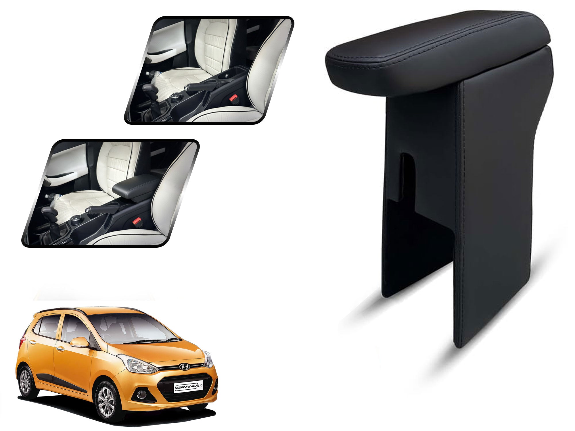 Auto Pearl Premium Car Armrest with Storage Box, High-Density Foam, Nappa Leatherette Black with double Stitching, No Obstruction to Rear Window Buttons, for I10 Grand (2013-2016)