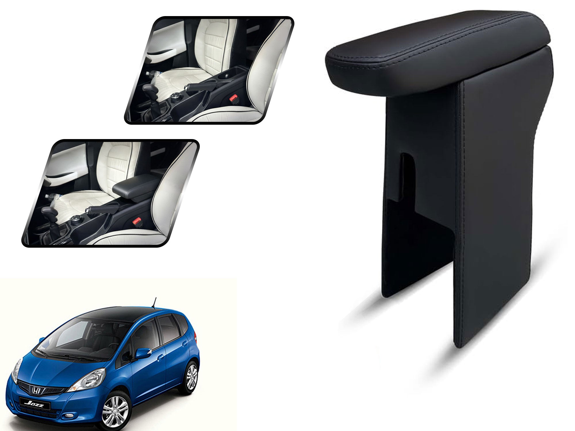 Auto Pearl Premium Car Armrest with Storage Box, High-Density Foam, Nappa Leatherette Black with double Stitching, No Obstruction to Rear Window Buttons, for Jazz (2009-2014)