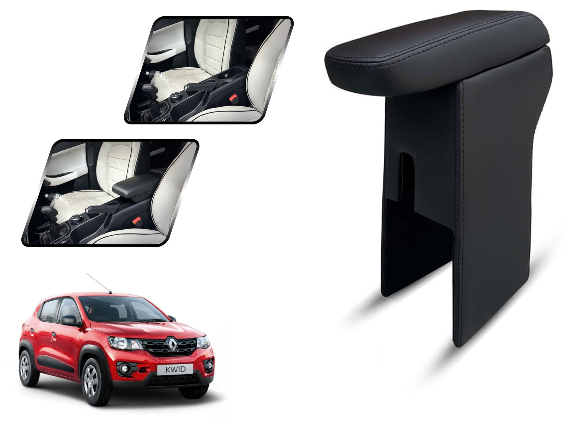 Auto Pearl Premium Car Armrest with Storage Box, High-Density Foam, Nappa Leatherette Black with double Stitching, No Obstruction to Rear Window Buttons, for Kwid (2015-2021)