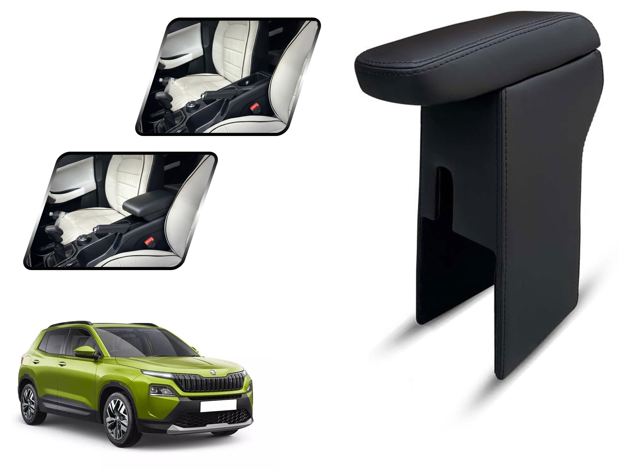 Auto Pearl Premium Car Armrest with Storage Box, High-Density Foam, Nappa Leatherette Black with double Stitching, No Obstruction to Rear Window Buttons, for Kylaq-2024-2025