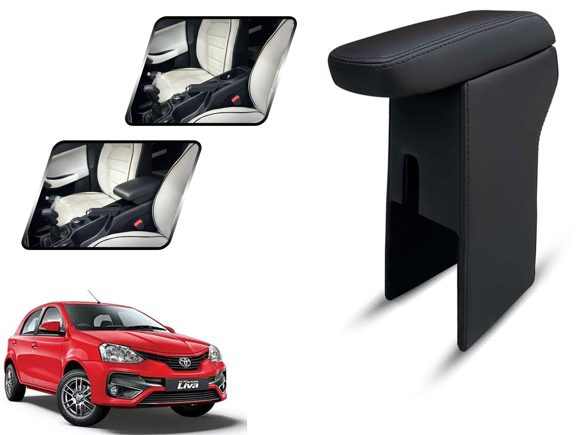 Auto Pearl Premium Car Armrest with Storage Box, High-Density Foam, Nappa Leatherette Black with double Stitching, No Obstruction to Rear Window Buttons, for Liva-2010-2014