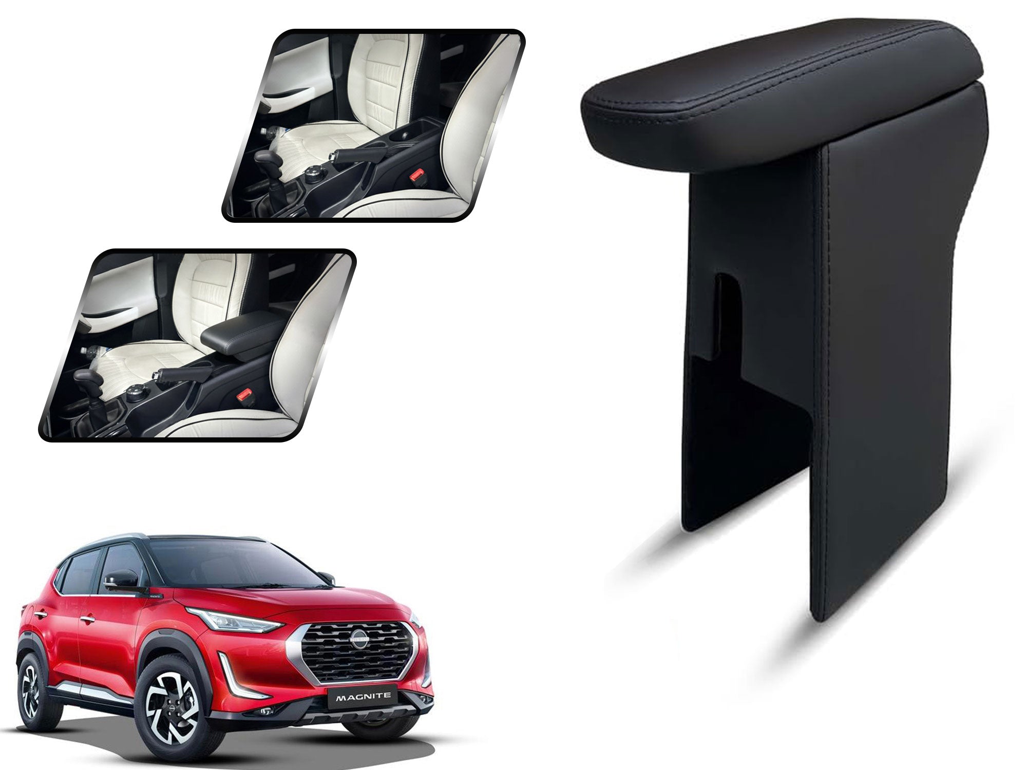 Auto Pearl Premium Car Armrest with Storage Box, High-Density Foam, Nappa Leatherette Black with double Stitching, No Obstruction to Rear Window Buttons, for Magnite-2020-2023