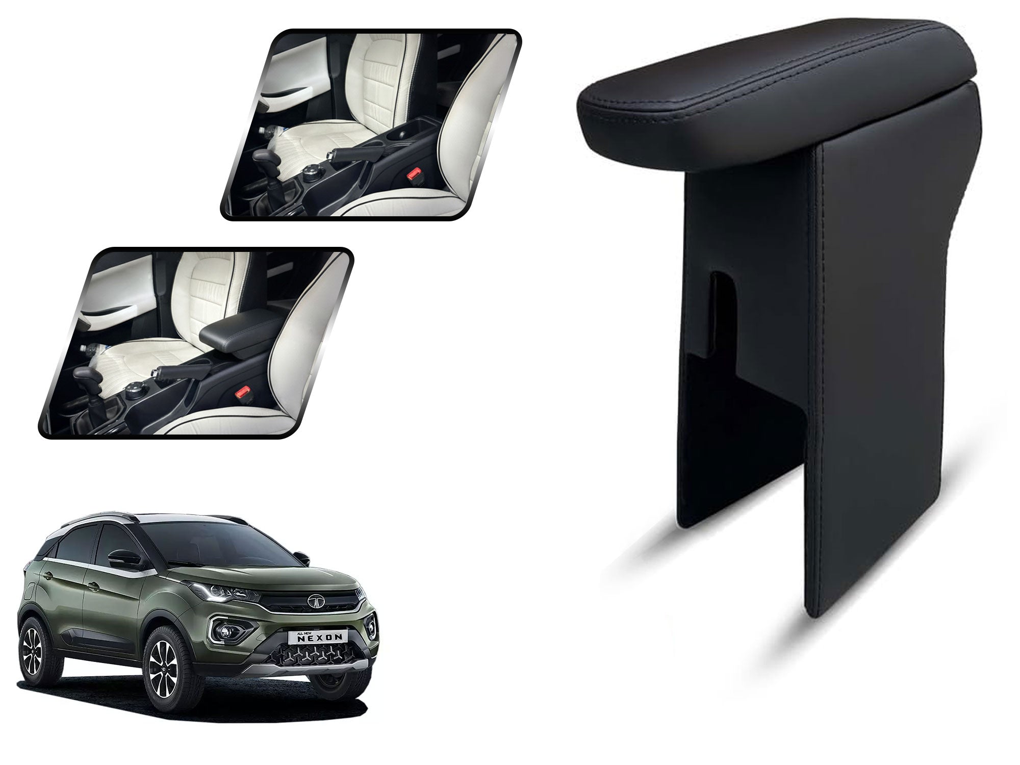 Auto Pearl Premium Car Armrest with Storage Box, High-Density Foam, Nappa Leatherette Black with double Stitching, No Obstruction to Rear Window Buttons, for Nexon 2020 model