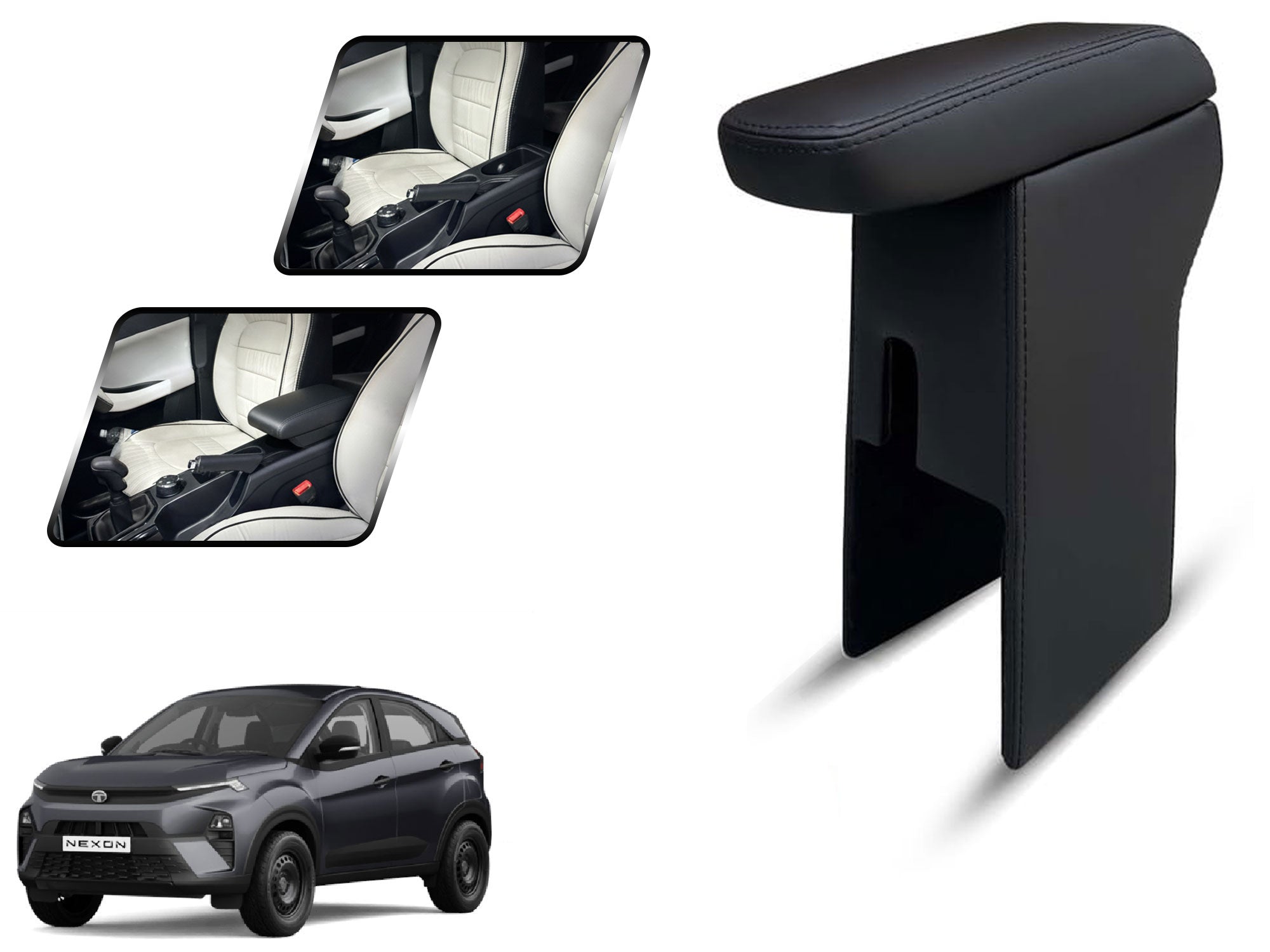 Auto Pearl Premium Car Armrest with Storage Box, High-Density Foam, Nappa Leatherette Black with double Stitching, No Obstruction to Rear Window Buttons, for Nexon-2024