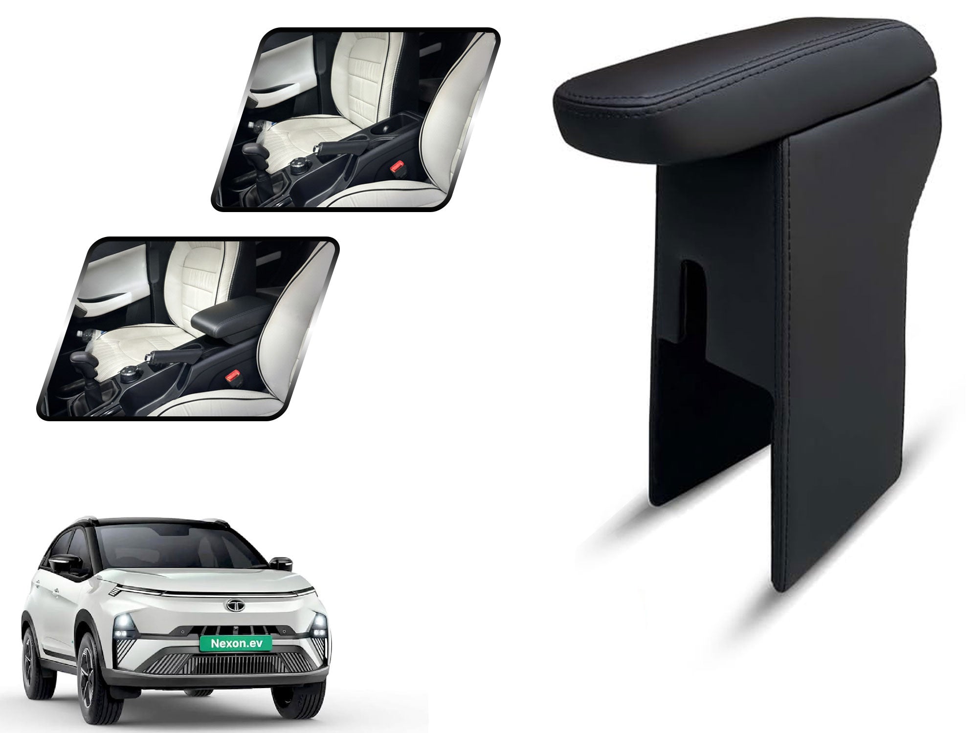 Auto Pearl Premium Car Armrest with Storage Box, High-Density Foam, Nappa Leatherette Black with double Stitching, No Obstruction to Rear Window Buttons, for Nexon-EV-2024