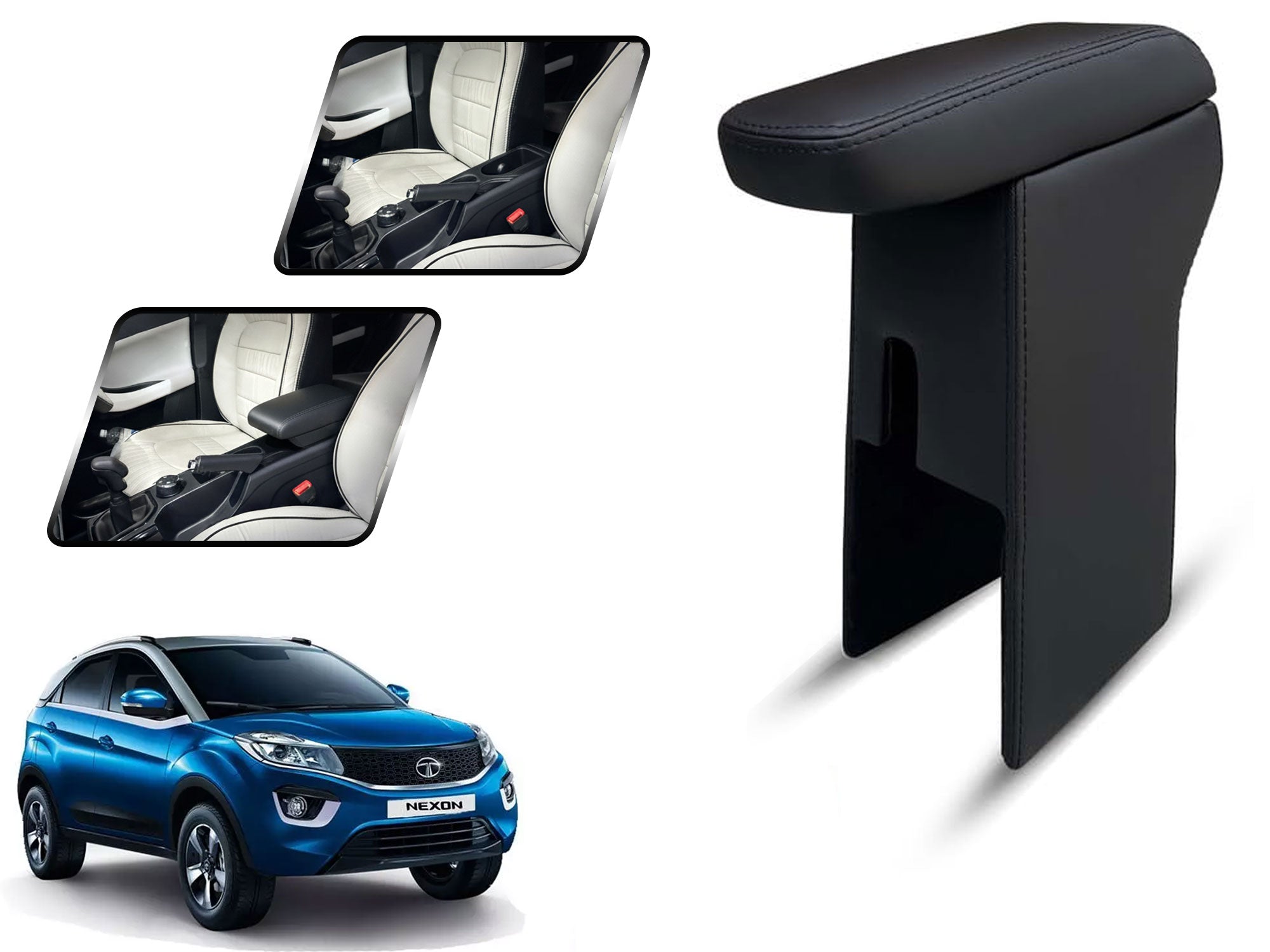 Auto Pearl Premium Car Armrest with Storage Box, High-Density Foam, Nappa Leatherette Black with double Stitching, No Obstruction to Rear Window Buttons, for Nexon (2017-2019)