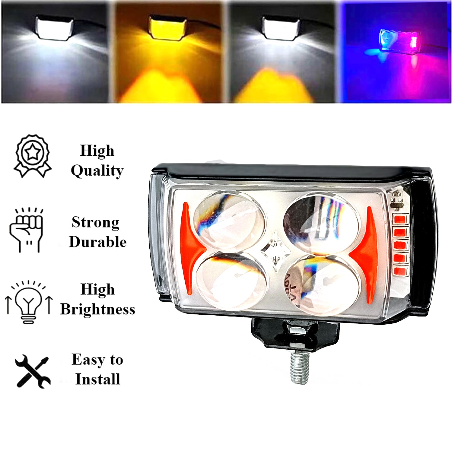 Auto Pearl 4-EYE LED Lens Fog Flashing Light, 12V-15W White, Yellow & Blue-Red Amber Auxiliary Projector Spot Lights compatible with All Bike and Car