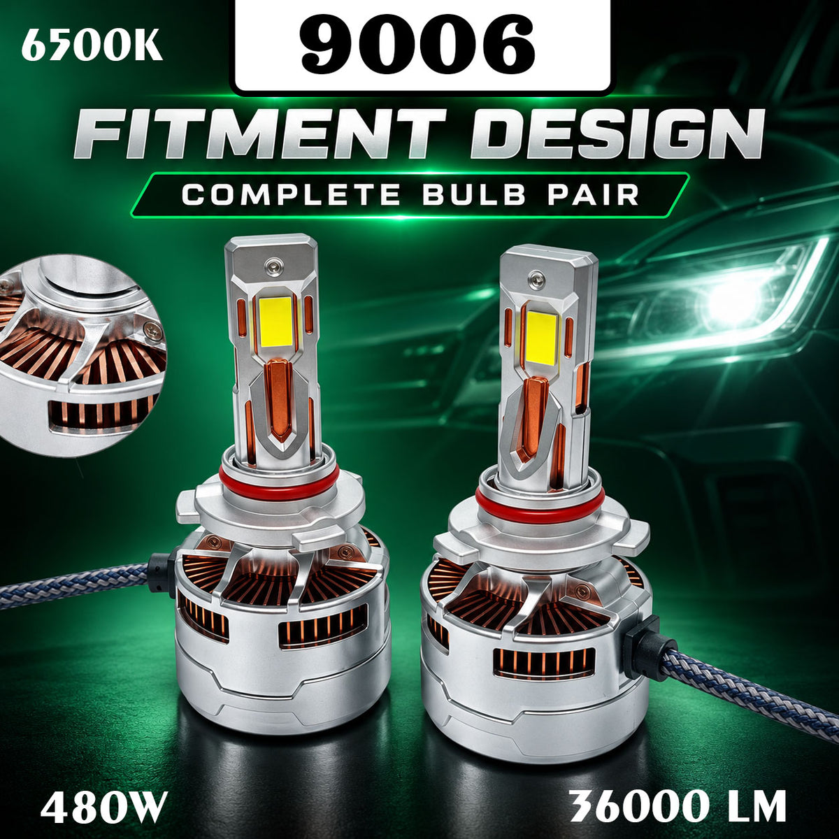 Auto Pearl 9006-6500K 480W (240W Each), 36000LM LED Headlight Bulb with rear cooling Fan for Car (Cool White Light LED Headlight Bulb)