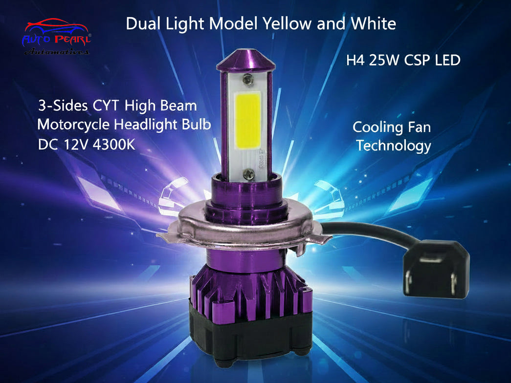 Auto Pearl H4 25W CSP LED Motorcycle Headlight Bulb, 3-Side CYT Dual Color White & Yellow Hi/Low Beam, DC 12V 4300K with Cooling Fan, Compatible with All Bike (Pack of 1)