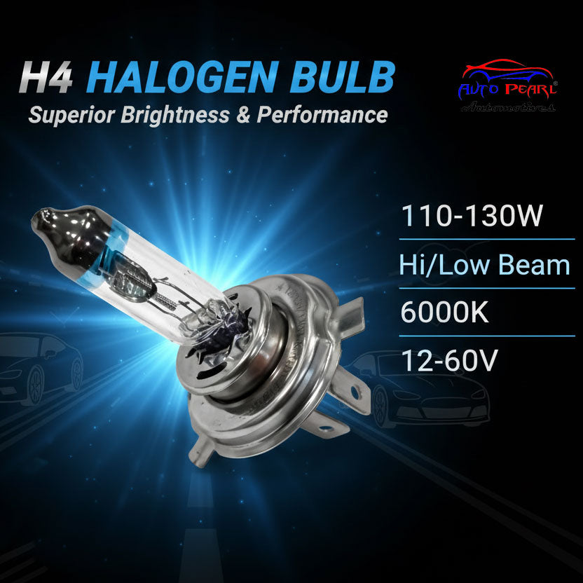 Auto Pearl 100/130W H4 Car Halogen Headlight Bulb, 12V, 5000K Bright Warm White Light, Hi/Low Beam, compatible with All cars (Pack of 2)