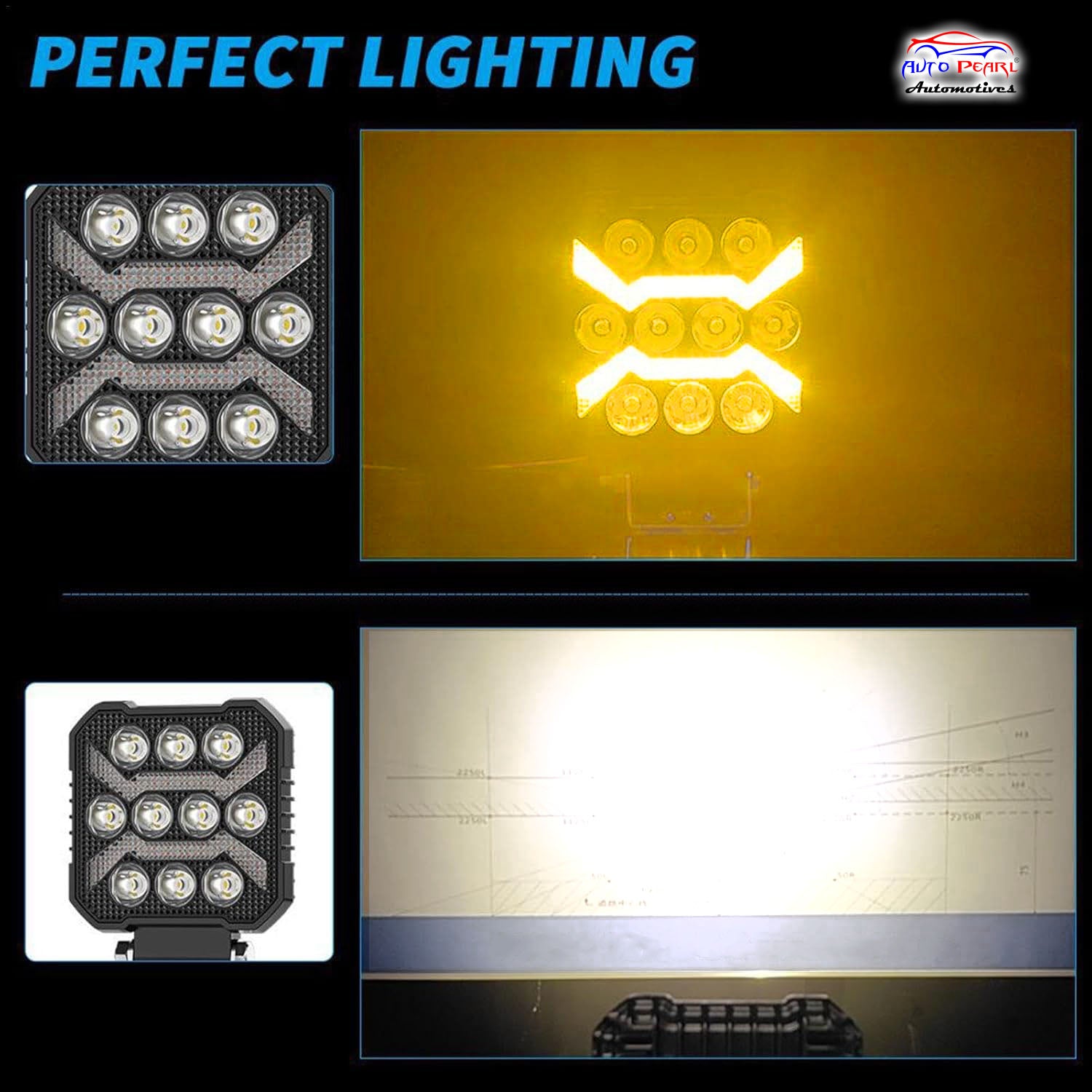 Auto Pearl 4 inch Square Auxiliary 12V-30W, Amber DRL Spot Light, White and Yellow Color, Off Road Light compatible with All Bike and Car (Pack of 2)