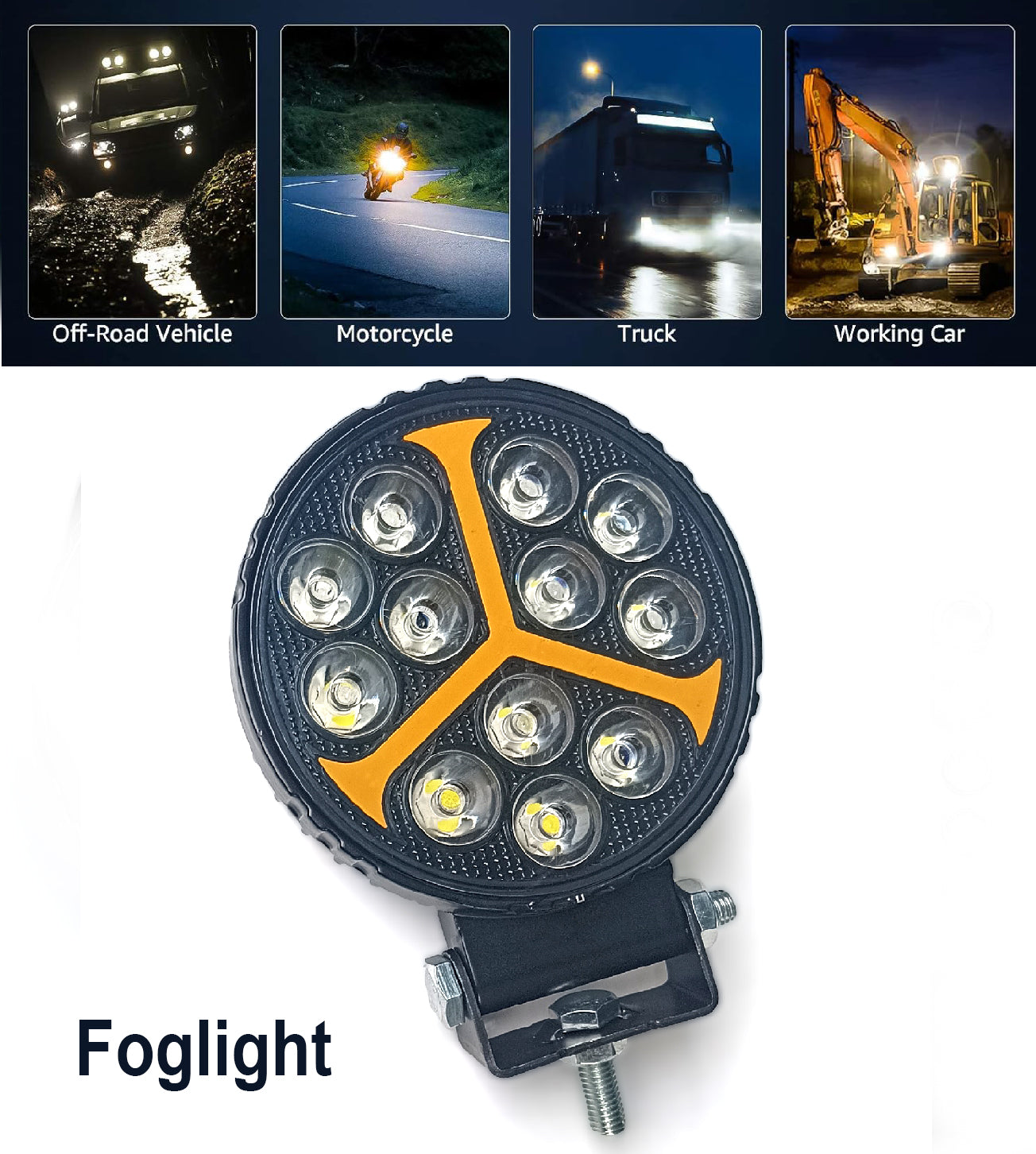 Auto Pearl 12LED Round White, Yellow 12V-30W, Foglight Flashing Light, Work Spot Lights compatible with All Bike and Car
