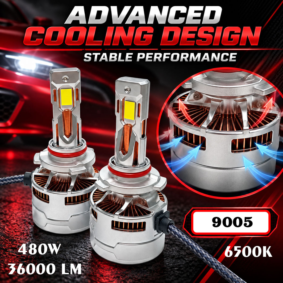Auto Pearl 9005-6500K 480W (240W Each), 36000LM LED Headlight Bulb with rear cooling Fan for Car (Cool White Light LED Headlight Bulb)