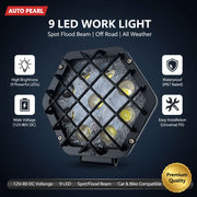 Auto Pearl 9 LED Work Light with Protective Grill, 12V-80V DC Auxiliary Driving Light, Spot Flood Beam Off Road Lamp compatible with All Bike and Car