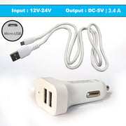 2-Ports Fast Car Charger with White Micro Cable, Turbo Charger, Dual USB (Pack of 1)