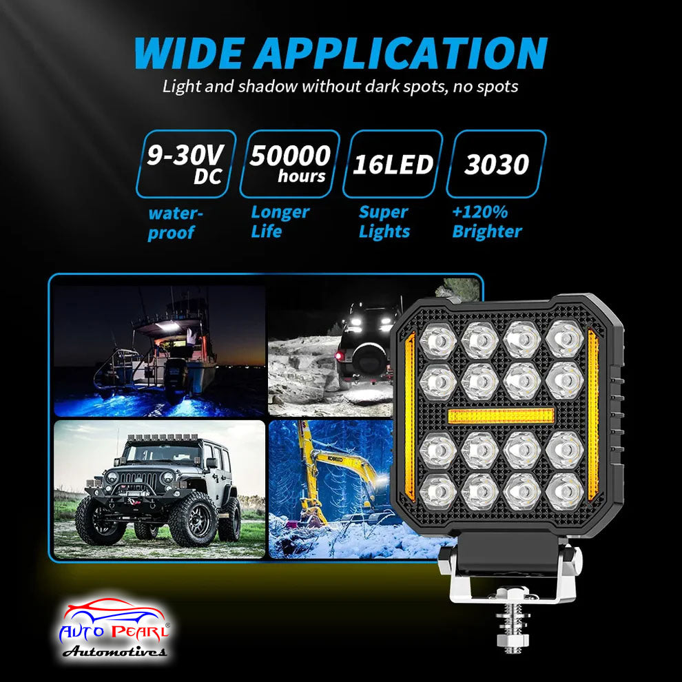 Auto Pearl 4 inch Square 16Led Auxiliary 12V-30W, Amber DRL Spot Light, White and Yellow Color, Off Road Light compatible with All Bike and Car (Pack of 2)