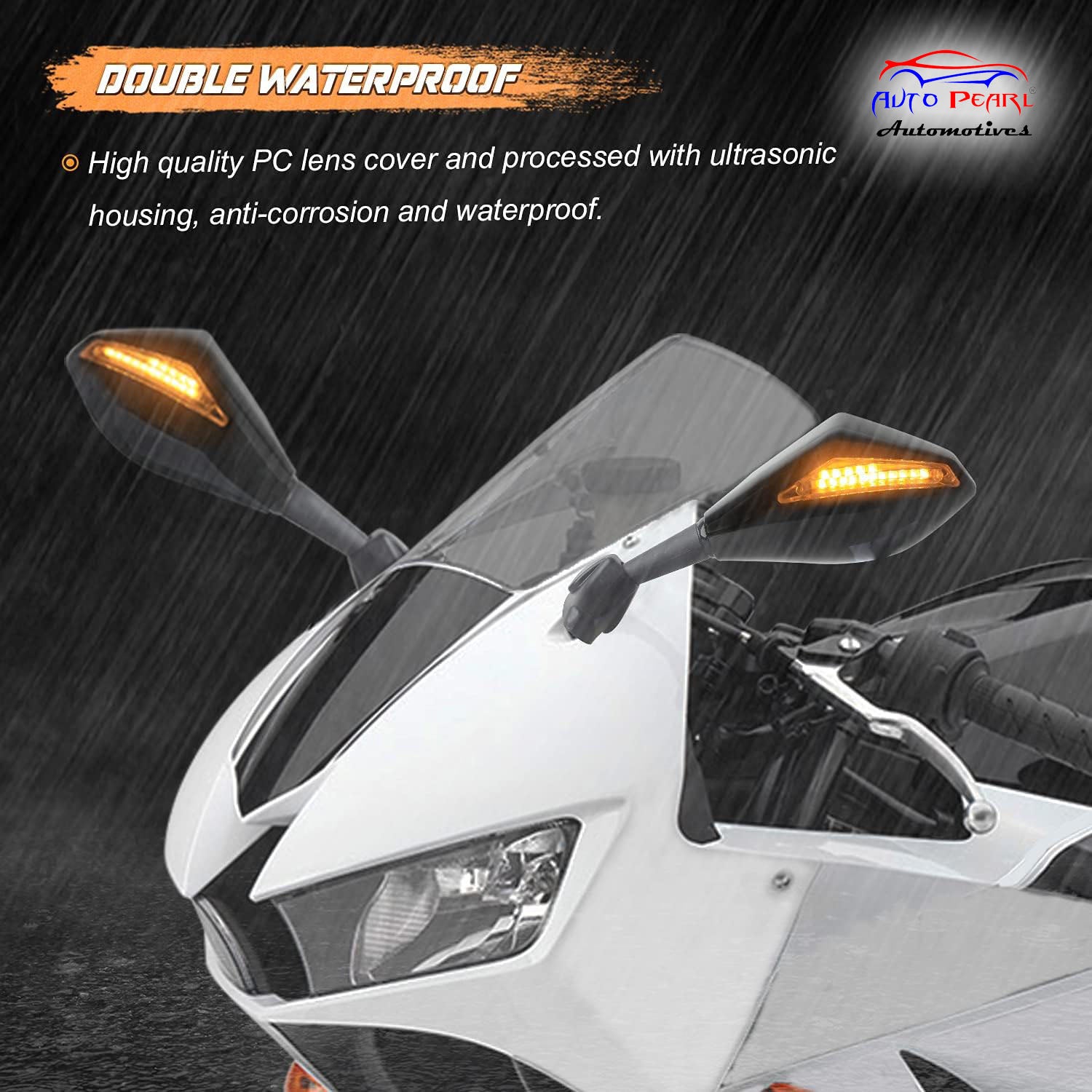 Auto Pearl Motorcycle Sway Adjustable Rear Side View Mirrors Integrated with Signal Light Kit Compatible with Suzuki GSXR, Honda CBR600RR, ATV, Yamaha R1, R6, R6S and Kawasaki