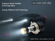 Auto Pearl H4 55W CSP LED Motorcycle Headlight Bulb, Single Lens White Hi/Low Beam, DC 12V 6000K, Compatible with All Car (Pack of 2)