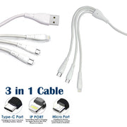 3 in 1 Cable Fast Rapid Super Charging Cable for Micro USB, i Phone & Type C, 3 in 1 White car Charging Cable, Multi Charger Cable Compatible with All Cars