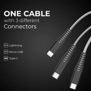 Nylon Braided 3 in 1 Multifunction Charging Cable for Android, iOS and Type C Devices with 3A High Speed Charging – 1.2 Meter (Grey) compatible with All cars