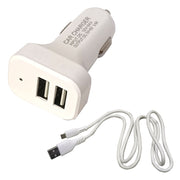 2-Ports Fast Car Charger with White Micro Cable, Turbo Charger, Dual USB (Pack of 1)