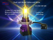 Auto Pearl H4 25W CSP LED Motorcycle Headlight Bulb, 3-Side CYT Dual Color White & Yellow Hi/Low Beam, DC 12V 4300K with Cooling Fan, Compatible with All Bike (Pack of 1)