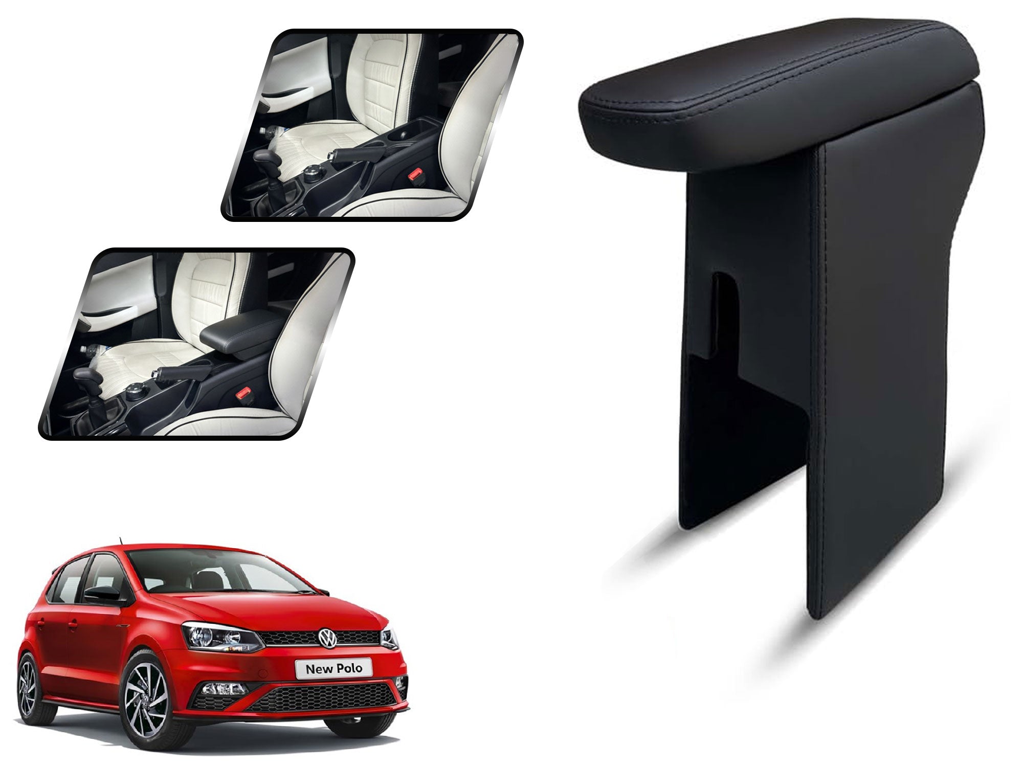 Auto Pearl Premium Car Armrest with Storage Box, High-Density Foam, Nappa Leatherette Black with double Stitching, No Obstruction to Rear Window Buttons, for Polo