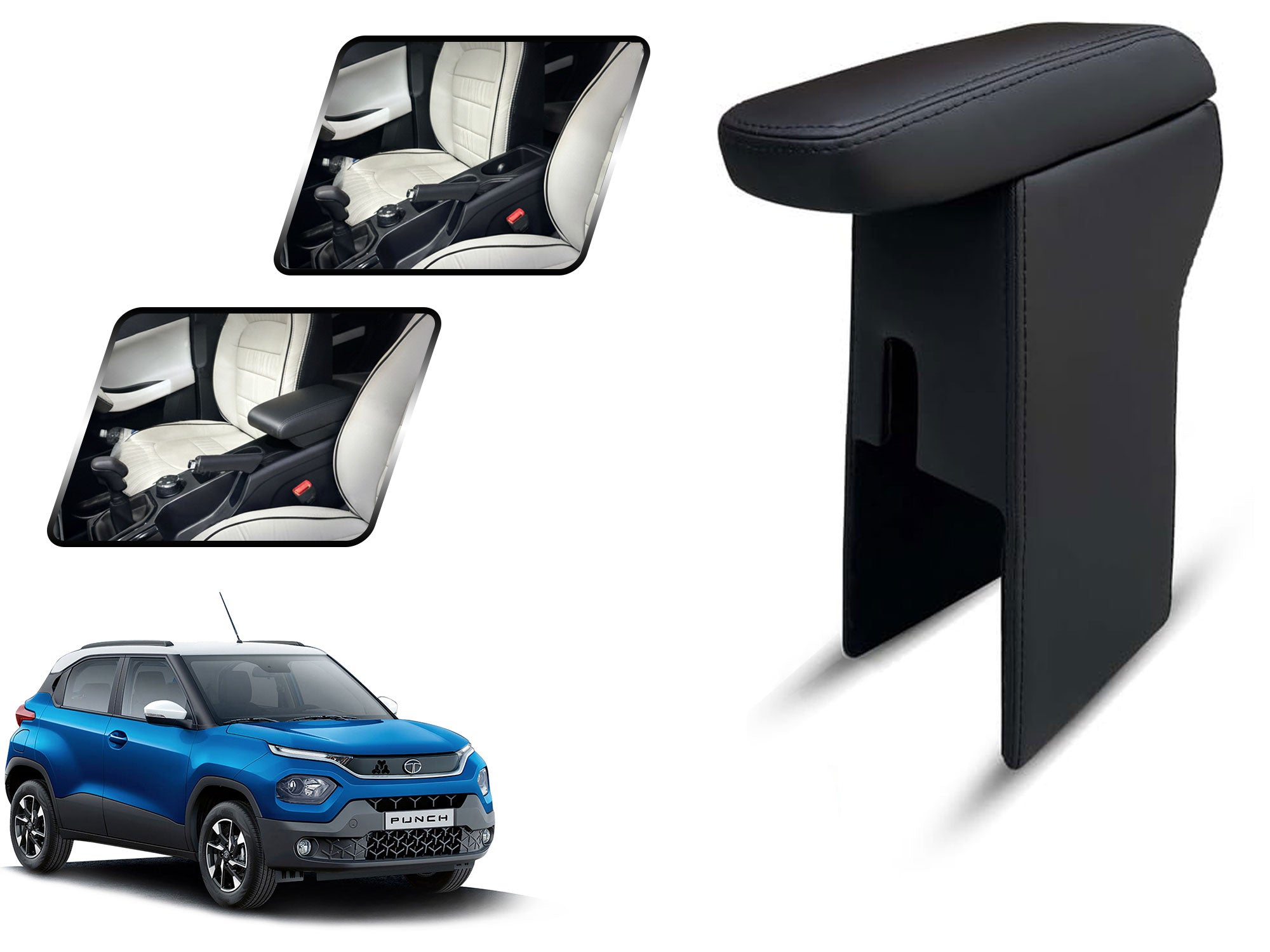 Auto Pearl Premium Car Armrest with Storage Box, High-Density Foam, Nappa Leatherette Black with double Stitching, No Obstruction to Rear Window Buttons, for Punch 2021-2025