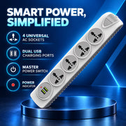 Auto Pearl Multi Plug Extension Board with Surge Protection – 4 Sockets, 2 USB Ports, LED Indicator, 6A Three Pin Socket